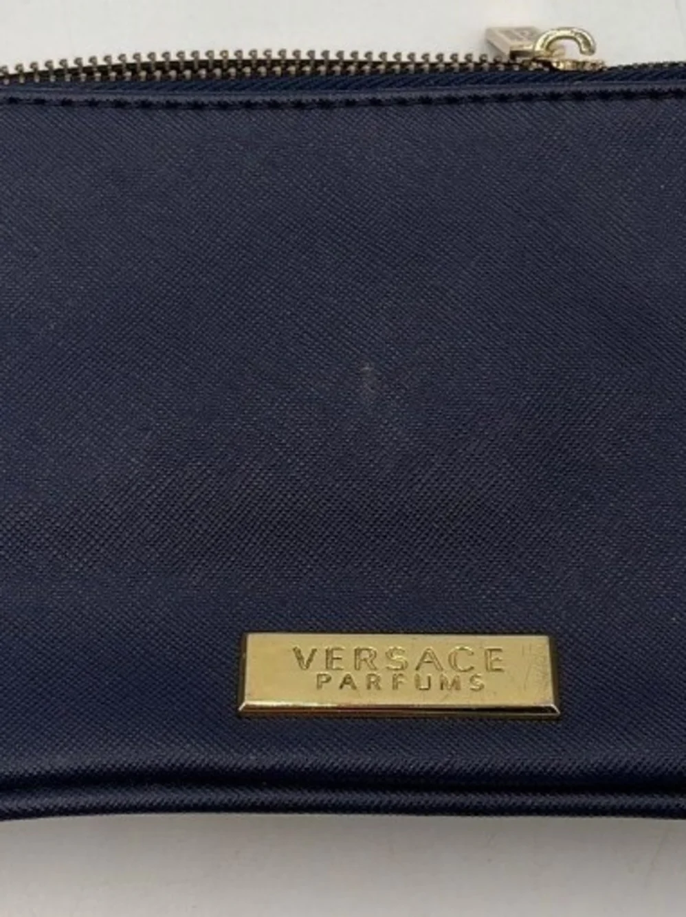 Versace Parfums Navy Saffiano Cosmetic Pouch with Gold Plaque